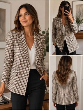 Express x Negin Mirsalehi Plaid Double Breasted Blazer XS Preppy Career Chic